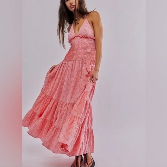Free People dress NEW Pintuck Paradise Maxi pink burnout eyelet floral - Picture 1 of 5